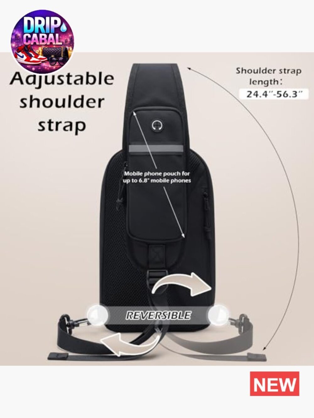 Crossbody Sling Chest Daypack Water Resistant Nylon Shoulder Bag with USB Port - Picture 6 of 6